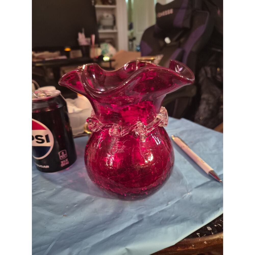 Vintage Viking Ruby Red Vase With A Ruffled Rim And Applied Clear Rigarer...